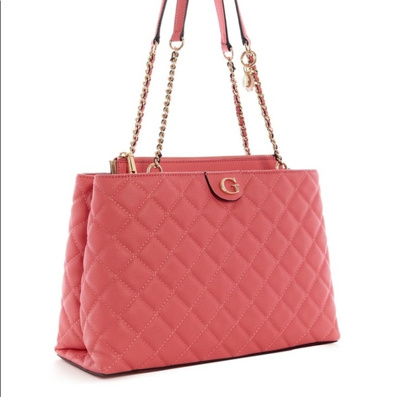 New GUESS Women Gillian Quilted High Society Satchel Apricot - Picture 1 of 7